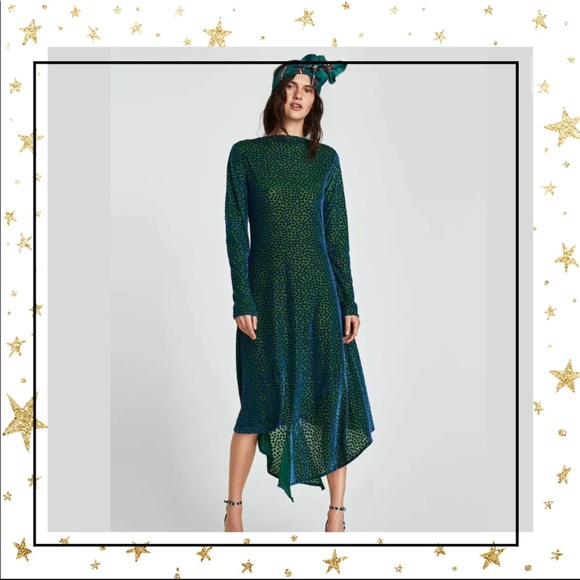 Zara Dresses & Skirts - Zara Green Polka Tot long sleeve asymmetric dress